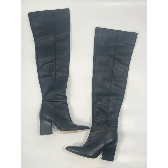 Zara Black Leather Over The Knee Heeled Boots Sz 40 Sz 9.5 - Picture 2 of 7
